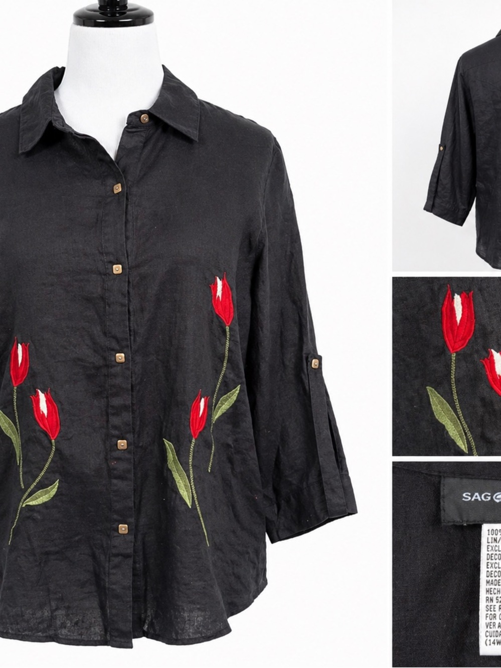 Sag Harbor 100% Linen Embroidered Tulip Button-Up Shirt Women’s Size L